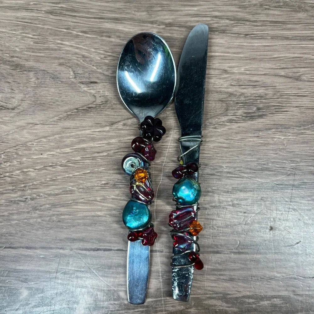 Appetizer Spoon and Spreader Beaded Flatware Set Multicolor Wire Wrapped